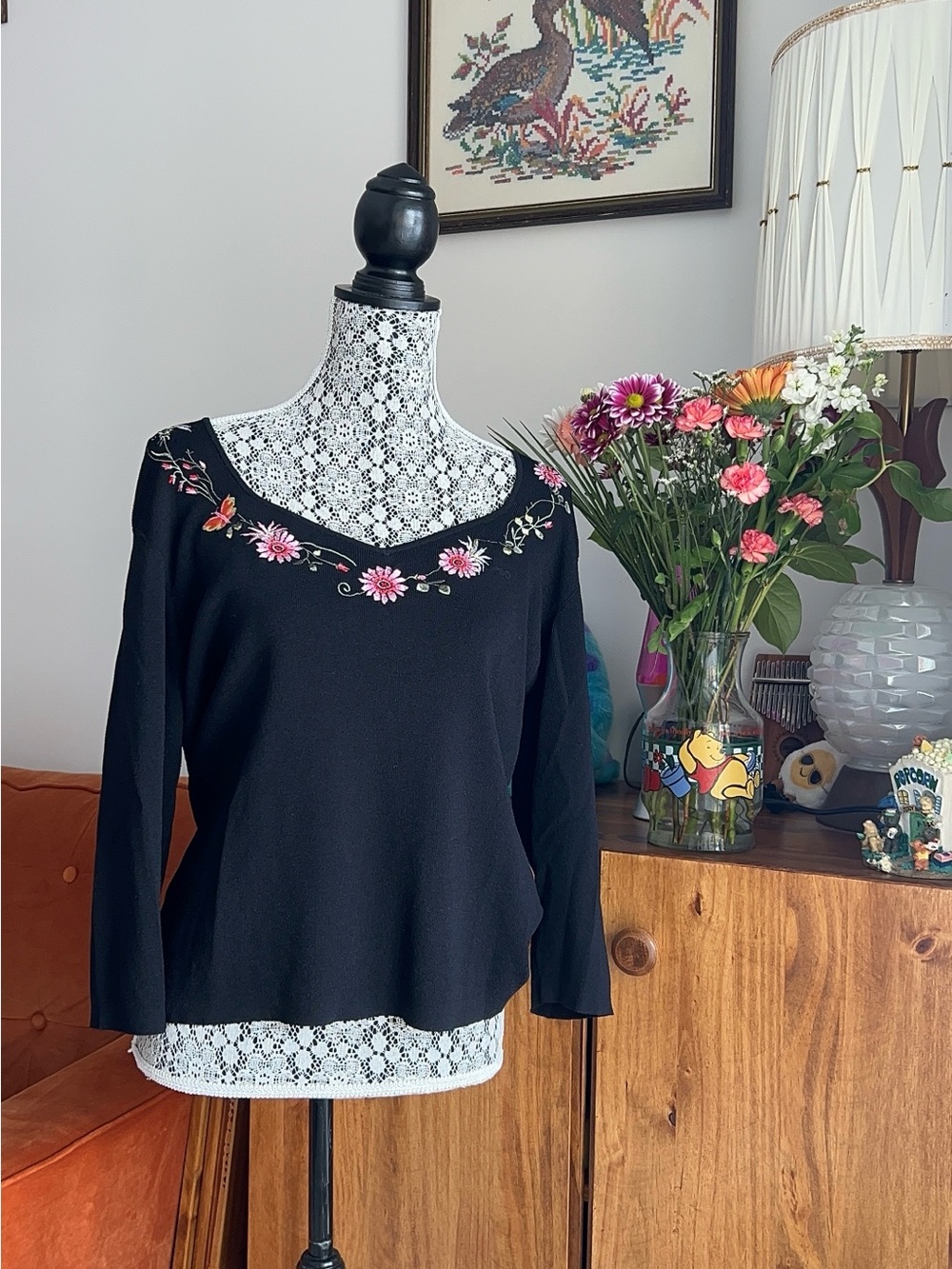 Black Floral Embroidered Boatneck Blouse